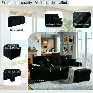 English Elm Sleeper Sectional with Pull Out Bed Reversible Chaise Storage Black Polyester Sofa W5568S00040