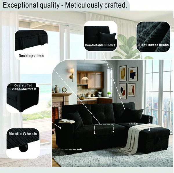 English Elm Sleeper Sectional with Pull Out Bed Reversible Chaise Storage Black Polyester Sofa W5568S00040