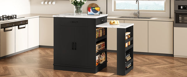 English Elm Extendable Kitchen Island Console with Open Shelving Drawers and Cabinet in Matte Black W1580S00274