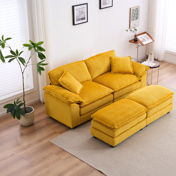 English Elm Corduroy Plush 2-Seat Sofa with 2 Back Cushions, Toss Pillows & Ottomans — Deep Seat Comfort Yellow W2363S00063