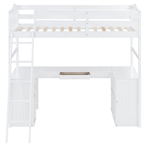 English Elm Twin Loft Bed with Desk Drawers Cabinet Shelves Solid Pine Wood White Finish LT0001505AAK-1
