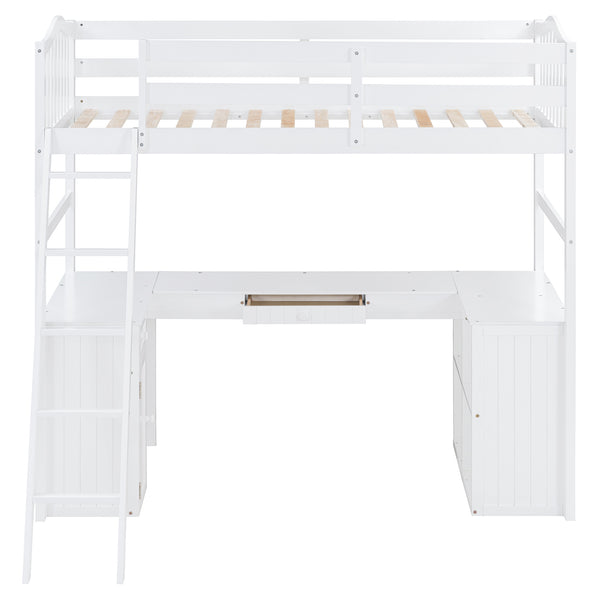 English Elm Twin Loft Bed with Desk Drawers Cabinet Shelves Solid Pine Wood White Finish LT0001505AAK-1