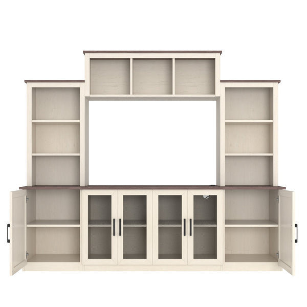 English Elm Wall Unit Entertainment Center with Built in Charging Mdf Media Console Open Shelving Beige W1580S00436