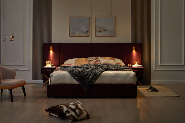 English Elm Queen Modern Floating Bedside Tables with LED Lights, Crossed Metal Legs, Single Drawer Storage, Durable Construction WINE RED W1793S00014