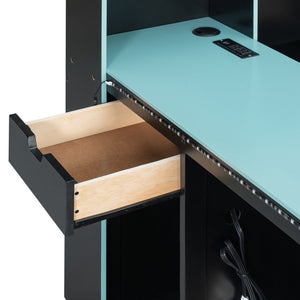 English Elm Full Size Gaming Bed Frame with Desk Led Lights Storage Drawers and Charging Station Black+Blue LP000289AAC