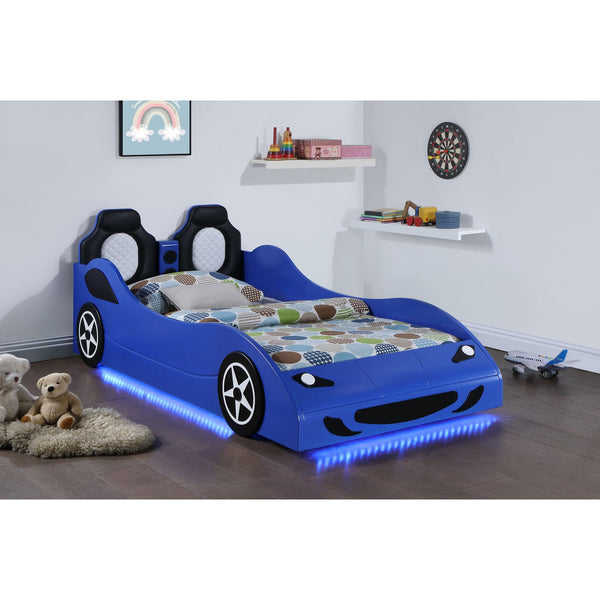 English Elm Solana Race Car Twin Bed with LED Underglow Lights, Padded Headboard & Realistic Wheels for Kids B062S01110