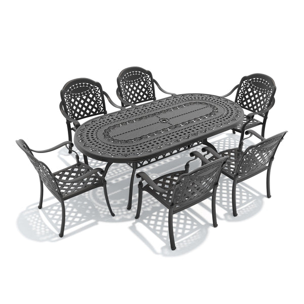 English Elm 7-piece Cast Aluminum Outdoor Dining Set Ornate Patio Table Six Stacking Chairs W1710S00644
