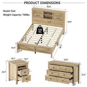 English Elm 3-Pieces Bedroom Set Full Size Farmhouse Platform Bed with Storage Headboard, Nightstand & Dresser Natural 46.25 L x 9.25 W x 9 H N733S369037M