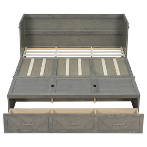 English Elm Queen Murphy Cabinet Bed Pine Wood Geometric Panel Antique Grey with Usb Charging W504S00302