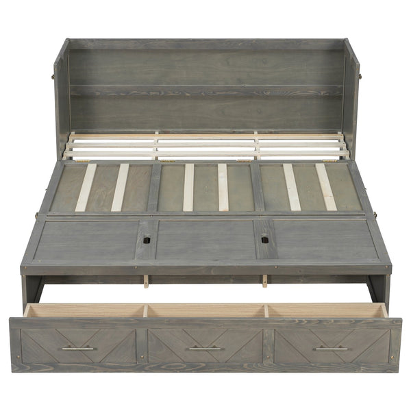 English Elm Queen Murphy Cabinet Bed Pine Wood Geometric Panel Antique Grey with Usb Charging W504S00302