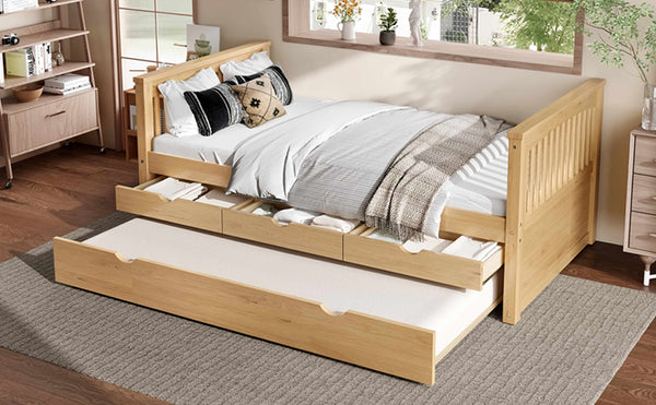 English Elm Twin Solid Wood Platform Bed with Trundle and Two Drawers, White Daybed for Kids Guests Natural W1580S00264