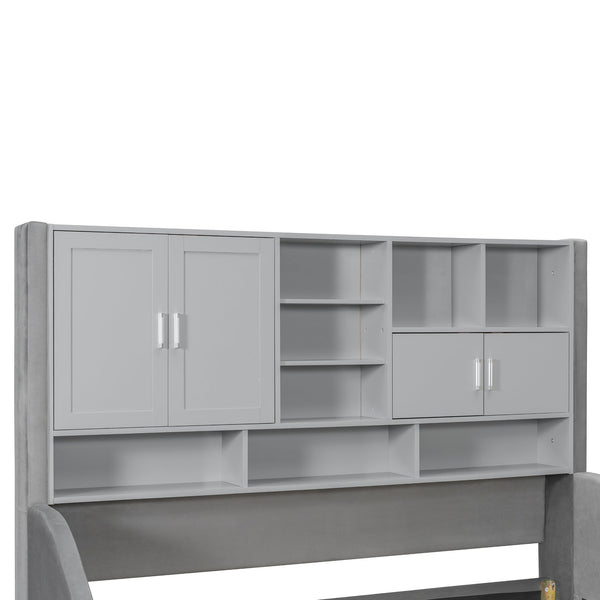 English Elm Twin Upholstered Daybed with LED Armrest Lighting, Hidden Storage Shelves & Lift-Up Pull-Out Trundle Gray SF000198AAE