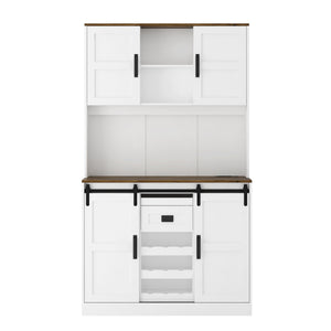 English Elm Farmhouse Sliding Barn Door Bar Cabinet with USB Outlets, Large Rustic White Buffet Sideboard W1321S00012