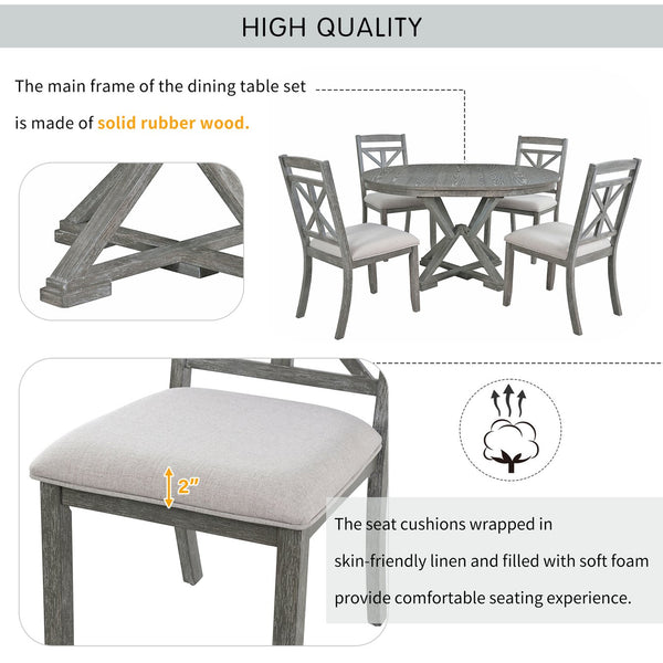 English Elm Trexm Retro Extendable Round Dining Set with Four Linen Upholstered Chairs Rubberwood Grey ST000141AAE-2026