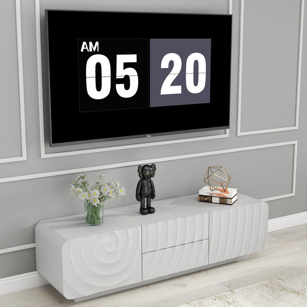 English Elm 58''tv Console Sculpted Spiral Wave Relief Walnut Mid-century Media Stand with Storage White W2263P412377