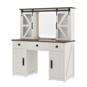 English Elm 43.3" Rustic Farmhouse Vanity Desk with Led Mirror Barn Door Stool Charging Station N704P328548A