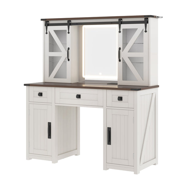 English Elm 43.3" Rustic Farmhouse Vanity Desk with Led Mirror Barn Door Stool Charging Station N704P328548A