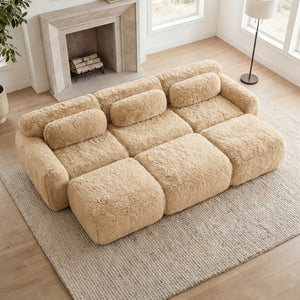 English Elm 3-seater Curved Modular Sectional Plush Upholstered Sofa with Linkable Ottoman for Living Rooms Light Khaki W714S01570