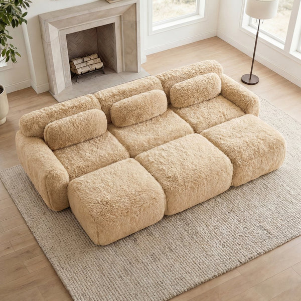 English Elm 3-seater Curved Modular Sectional Plush Upholstered Sofa with Linkable Ottoman for Living Rooms Light Khaki W714S01570