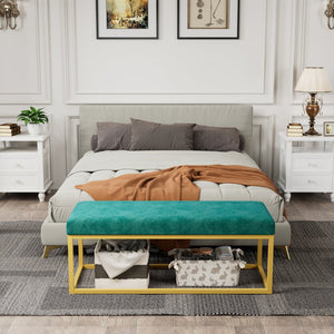 English Elm Storage Bench Green Velvet PU Leather with Gold Steel Frame, Mid-Century Entryway Seat, 600lb Capacity, 48.8"L W578P357538