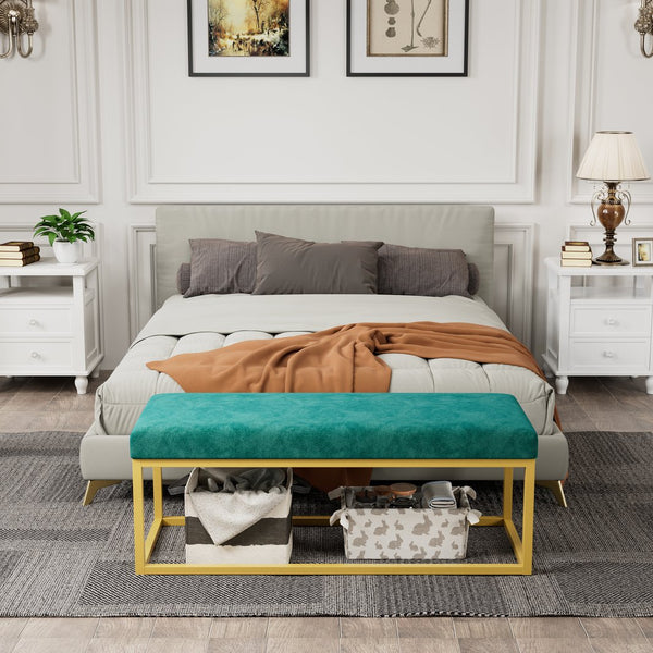 English Elm Storage Bench Green Velvet PU Leather with Gold Steel Frame, Mid-Century Entryway Seat, 600lb Capacity, 48.8"L W578P357538