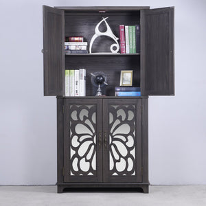 English Elm 67.4"h Mirrored Corner Cabinet Carved Butterfly Doors Adjustable Shelves Entryway Storage Dark Brown W2899P374347