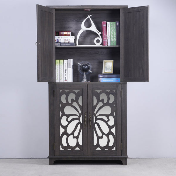 English Elm 67.4"h Mirrored Corner Cabinet Carved Butterfly Doors Adjustable Shelves Entryway Storage Dark Brown W2899P374347