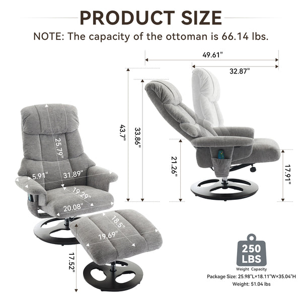 English Elm 010-Ergonomic Recliner Chair with Ottoman — 360° Swivel Lounge, Chenille Comfort, Heated Seat, Massage, Adjustable Backrest Grey W2636P262448
