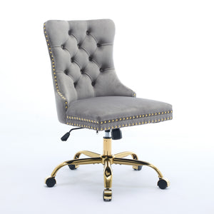 English Elm A&A Velvet Tufted Office Chair with Hand-Pulled Buttons, Nailhead Trim & Golden Metal Base, Luxe Comfort Gray W1143P292468