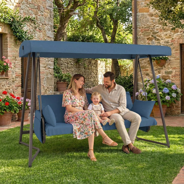 English Elm 3-in-1 Outdoor Hanging Swing Bed Steel Frame 600 Lb Capacity Adjustable Canopy Patio Lounger Blue W3979P393032