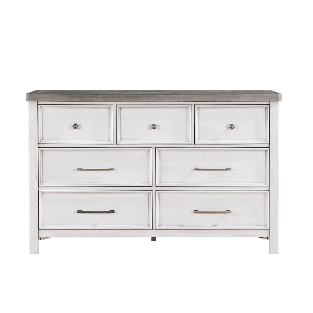 English Elm White Ambrose 7-Drawer Dresser in Antique White & Gray Acacia Veneer with Pewter Hardware, 62" B011P245001