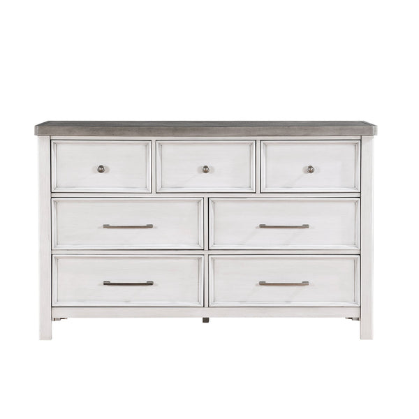English Elm White Ambrose 7-Drawer Dresser in Antique White & Gray Acacia Veneer with Pewter Hardware, 62" B011P245001