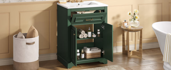 English Elm 24" Matte Single Sink Vanity Solid Poplar Frame Gold Hardware Soft Close Cabinet Green N710P389449F