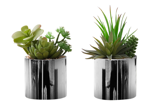 English Elm Artificial Succulent Set of 2 in Chrome Pots — Lifelike 7" Faux Plants with Pebble Top Dressings, No Maintenance Green 9 L x 5 W x 8 H B2710P287105