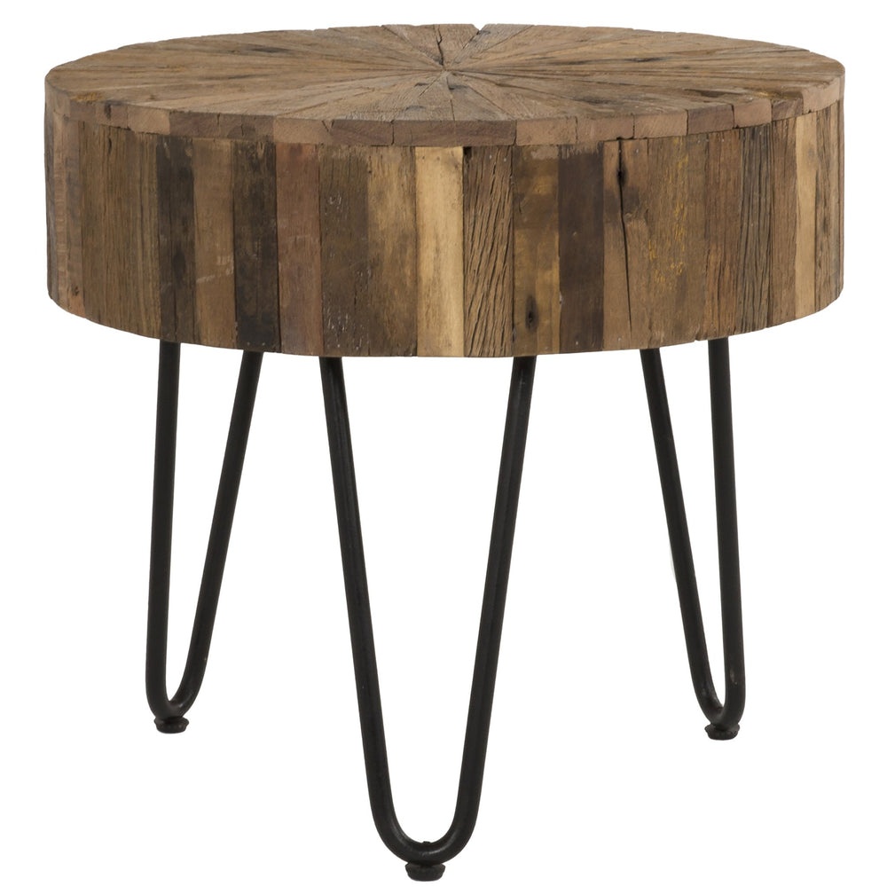 English Elm Handcrafted Rustic Wood Round End Table with Reclaimed Pie‑Slice Top and Black Hairpin Legs, 22" B2741P285769