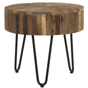 English Elm Handcrafted Rustic Wood Round End Table with Reclaimed Pie‑Slice Top and Black Hairpin Legs, 22" B2741P285769