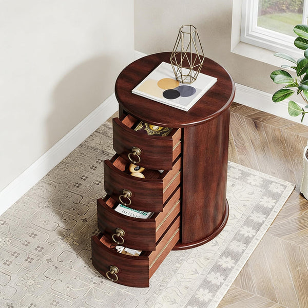 English Elm Wood Round Nightstand Four Drawer Solid Mid Century Modern Bedside Storage Table T3971P451421