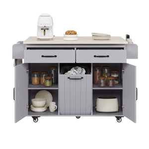English Elm K&K Kitchen Island with Tilt-Out Trash Can, Drop Leaf Counter, Adjustable Shelf, Rolling Cart Grey WF326381AAG
