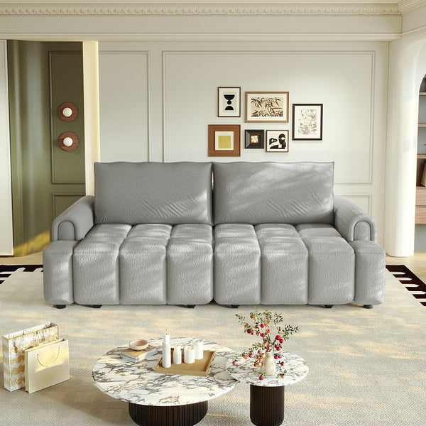 English Elm 90.2" Plush Teddy Fabric Convertible Sleeper Sofa with Hidden Storage for Living Room Light Grey W1885S00312