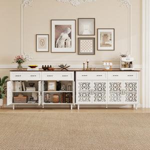 English Elm Vintage Farmhouse Sideboard with Hand-carved Doors Two-tone Distressed Wood Finish W688P360028