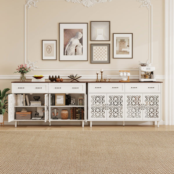 English Elm Vintage Farmhouse Sideboard with Hand-carved Doors Two-tone Distressed Wood Finish W688P360028