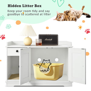 English Elm GO Cat Litter Box Enclosure with Storage Drawer & Mat, Farmhouse White Indoor Cat House Side Table N704P265258K