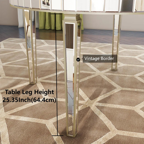 English Elm 47.24" Round Glass Dining Table with Mirror Top Silver Vintage Gold Geometric Frame Elegant Centerpiece W3207P285434