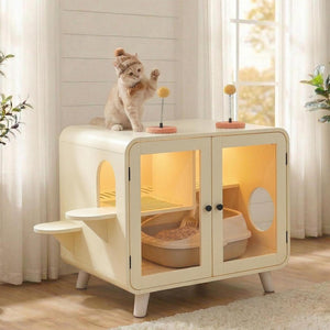 English Elm Cat Litter Box Enclosure Mdf Cabinet with Rgb Lighting Glass Doors and Play Loft Beige N704P419240A