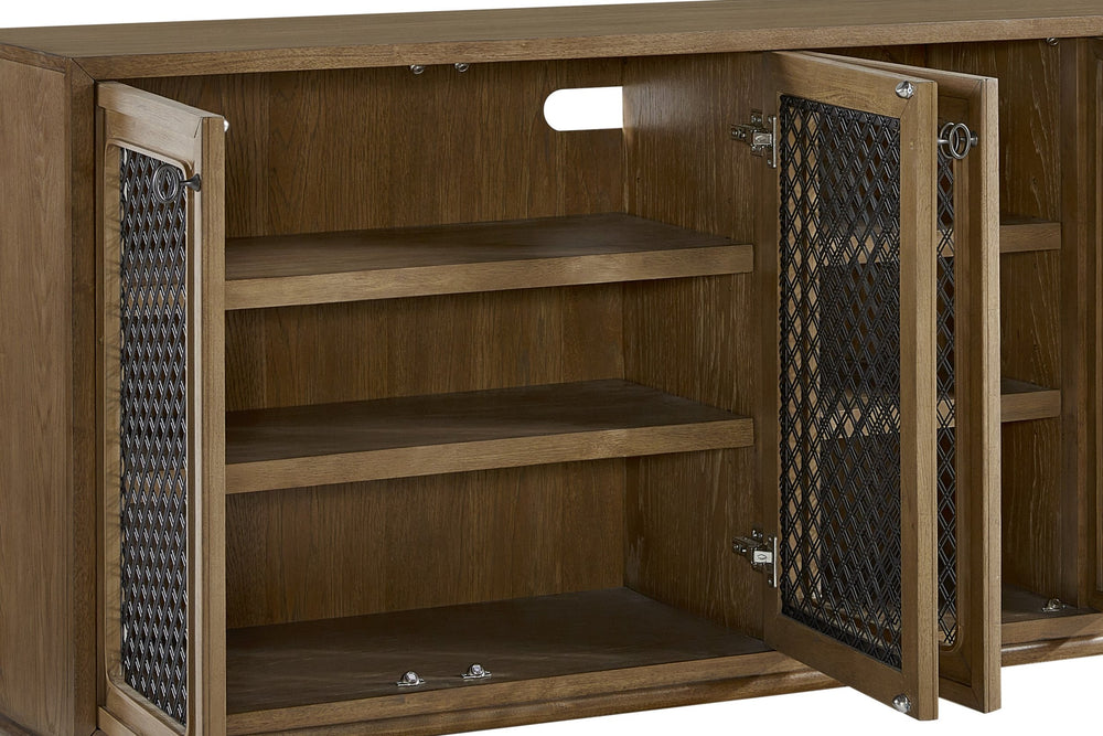 English Elm 84" Hickory Veneer Console with Metal Mesh Doors Transitional Living Room Credenza B2699P443195