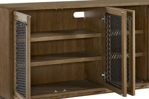 English Elm 84" Hickory Veneer Console with Metal Mesh Doors Transitional Living Room Credenza B2699P443195
