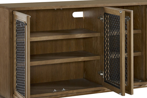 English Elm 84" Hickory Veneer Console with Metal Mesh Doors Transitional Living Room Credenza B2699P443195