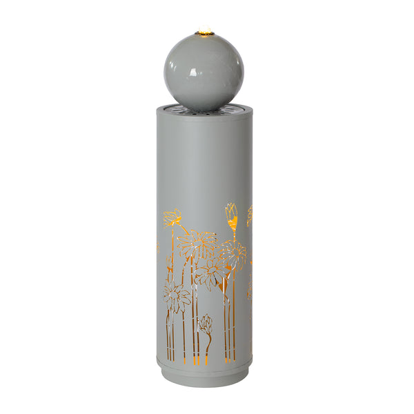 English Elm 34.25"h Light Gray Metal Floral Cutout Outdoor Fountain with Dual Led Sphere Top N765P355072G