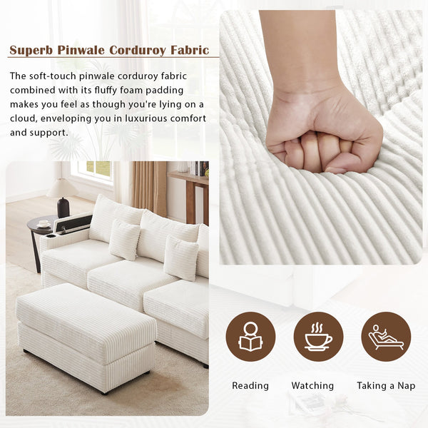 English Elm 95.3" Modular 3-Seater Sectional Sofa With Storage, Usb Ports, Cup Holders & Movable Ottoman, Beige N719S001612A