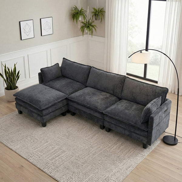 English Elm Modern Chenille Three Seat Sofa with Ottoman Usb Charging Ports and Storage Pockets Black W2519S00002